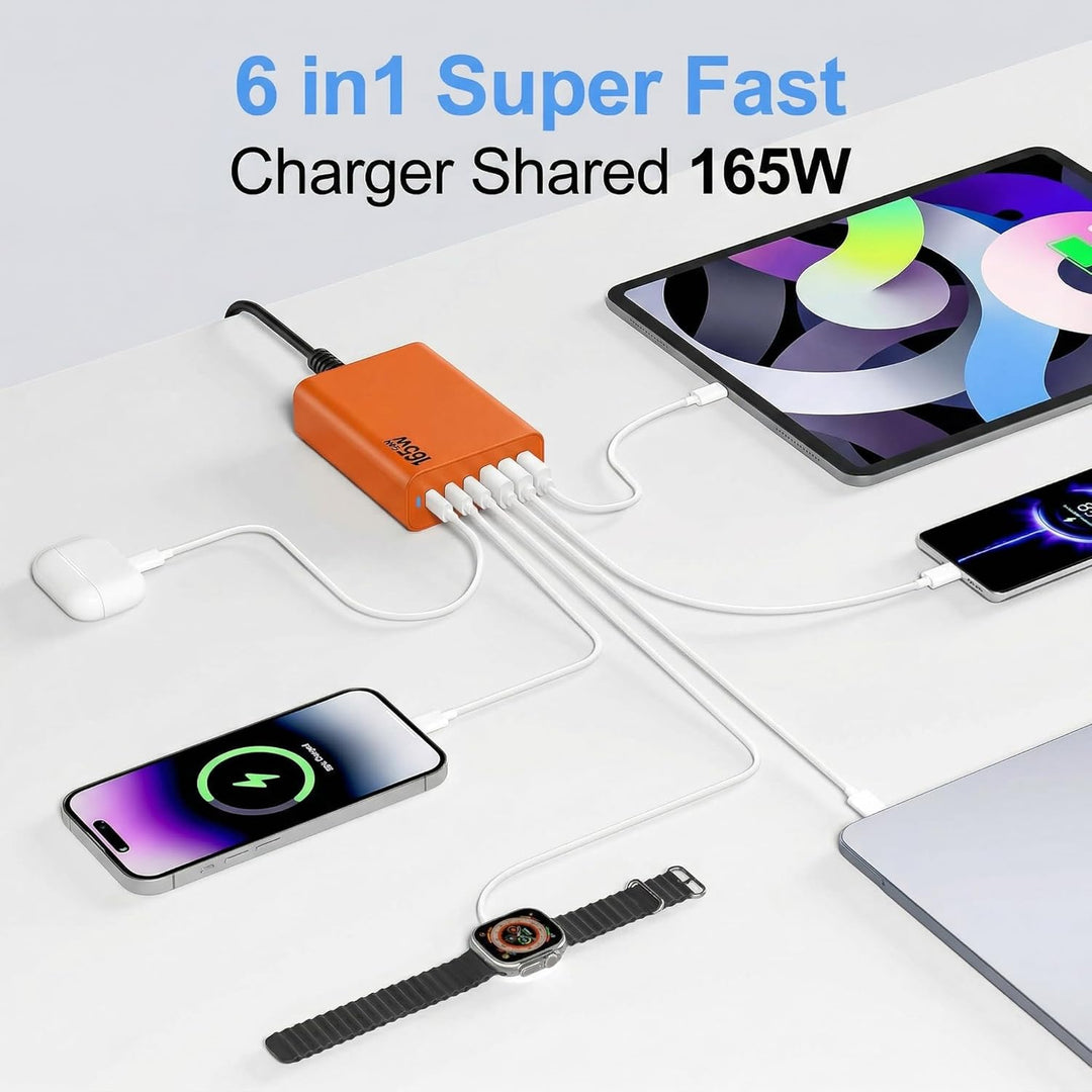 6 Ports Ladestation Schnellladegerät, 165W USB C Schnelllade Netzteil, PD Power GaN Ladegerät kompat