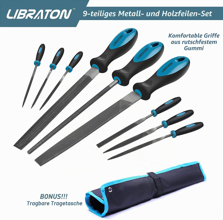 LIBRATON Feilen Set, Werkstattfeile Satz 9 tlg. Feilenset Metall Set Feilensatz inkl. Flachfeile Hal