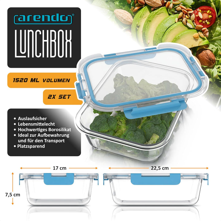 Arendo - Lunchboxen Glas - Frischhaltedosen für Lebensmittel mit Deckel luftdicht - 2er Set - 1520 m