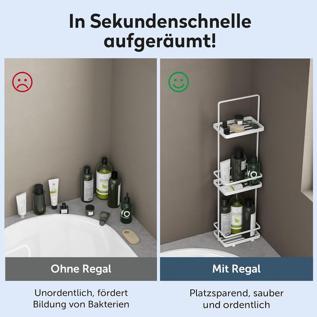 doporro Duschablage ohne Bohren, 3 Ebenen Badregal Stehend, Duschregal Schmales aus Metall, Modernes