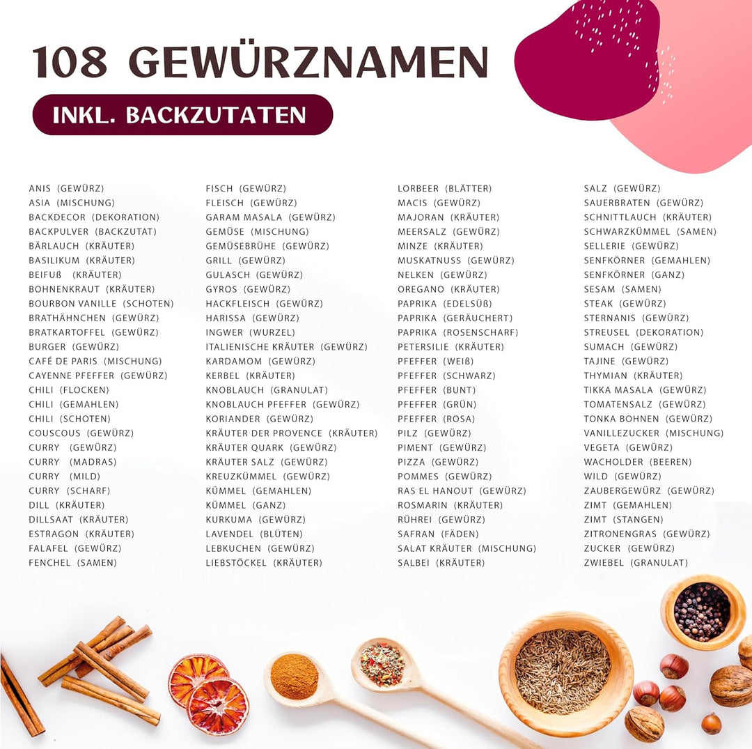 Happy Lemuro Gewürzgläser Set [24 x 120ml] mit 301 Etiketten auf Deutsch | Matte Deckel in Schwarz |