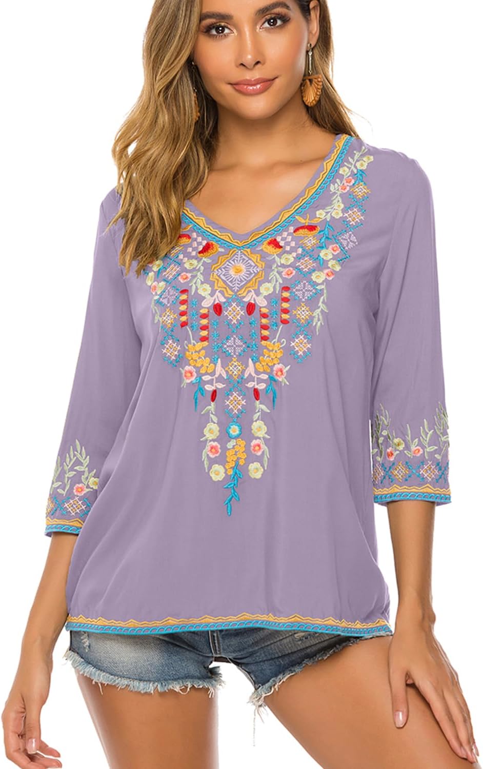 Bluse Stickerei Damen Boho Bestickte Oberteile Tunika Folklore Hippie Blusen Blumenmuster Oberteil K