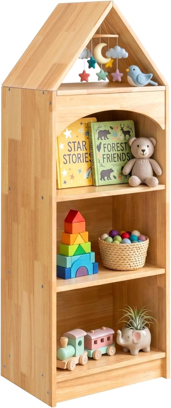 OOOK Gummiholz Kinder Bücherregal, Spielzeugaufbewahrung mit 4 Etagen, Eckregal für Kinderzimmer, Sp