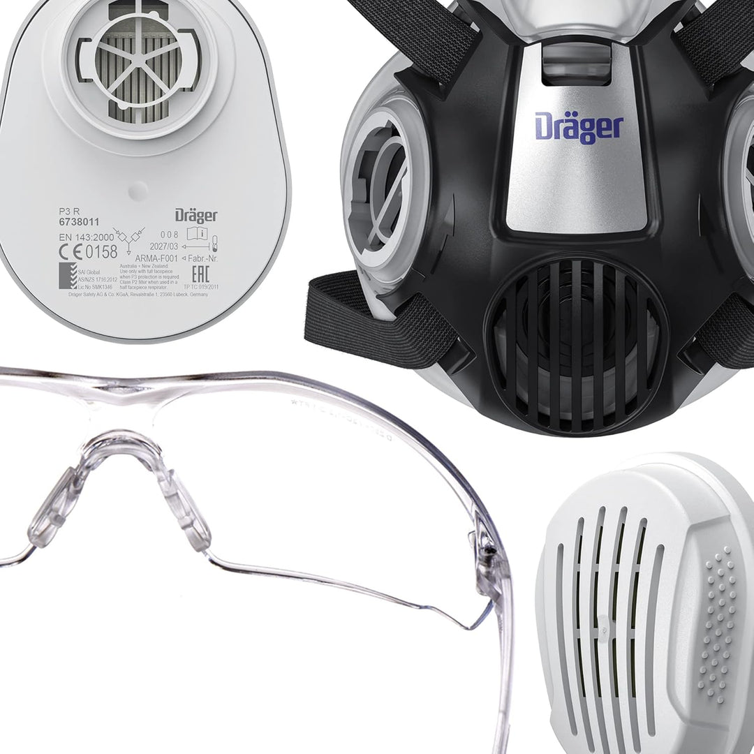 Dräger X-plore 3300 Halbmasken-Set mit P3 R Partikelfilter &amp; Schutzbrille X-pect 8320, Für Handwerke