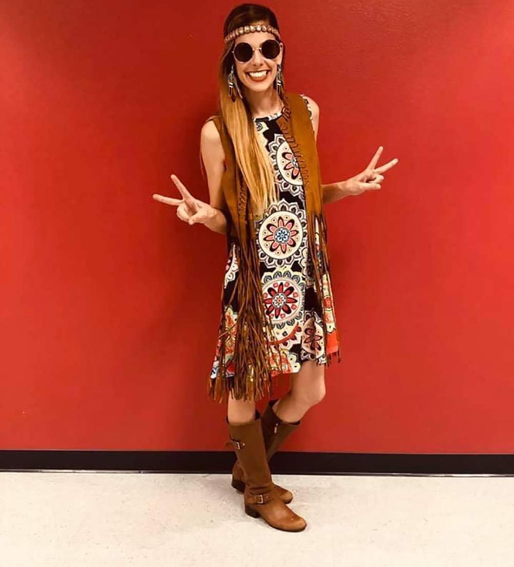 YADODO Hippie Kostüm Damen Set Fransen ärmellos Weste Hippie Kleidung 60er 70er Jahre Bekleidung Dam