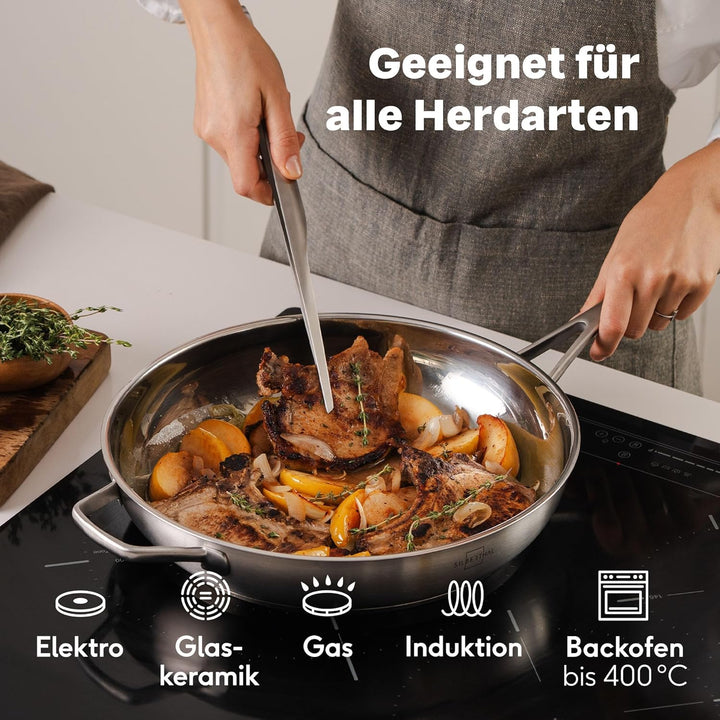 SILBERTHAL Pfannen Set 4 teilig - Edelstahlpfanne Unbeschichtet | 20, 24, 28 &amp; 32 cm - Induktionsgee