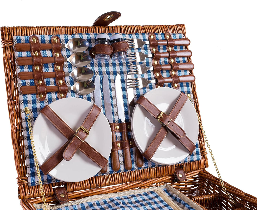 eGenuss 2er-Set handgefertigter Picknickkorb für 4 Personen mit abnehmbarem Schultergurt, Kühlfach,
