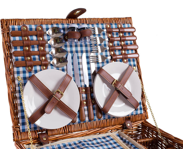 eGenuss 2er-Set handgefertigter Picknickkorb für 4 Personen mit abnehmbarem Schultergurt, Kühlfach,