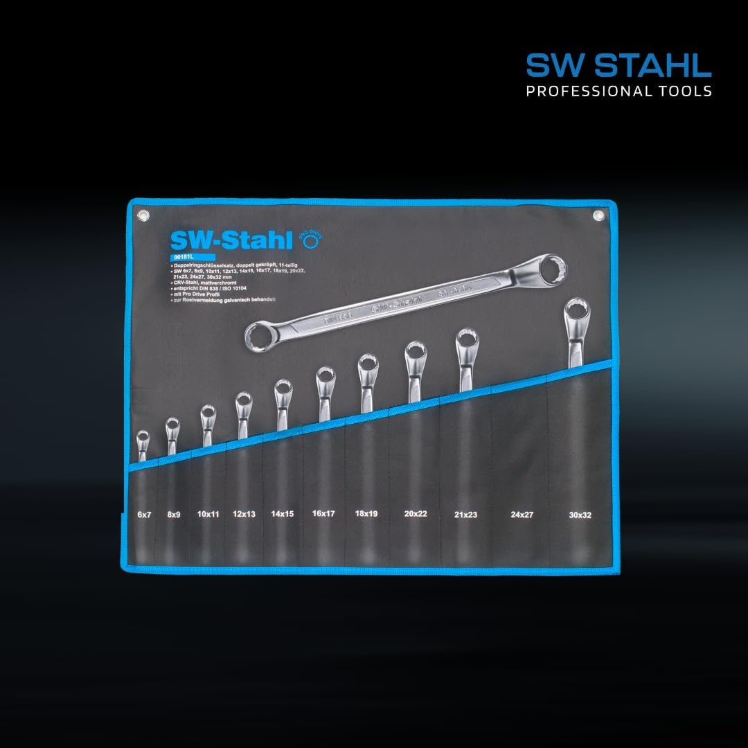 SW-Stahl 00181L Doppelringschlüssel-Satz 6-32 mm, 11-teilig tief gekröpft I Ringschraubenschlüssel I