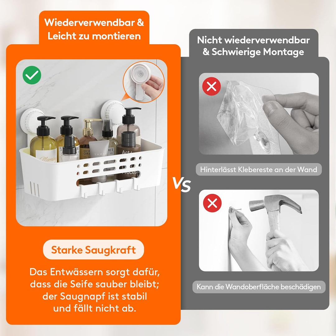 Lifewit Saugnapf Badregal, Duschablage Ohne Bohren, Kunststoff Bad Duschablage mit 4 Haken Duschrega