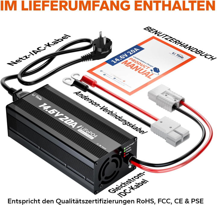 LiTime 14.6V 20A Lithium Batterieladegerät 12V LiFePO4 Batterieladegerät AC-DC Smart Charger mit And