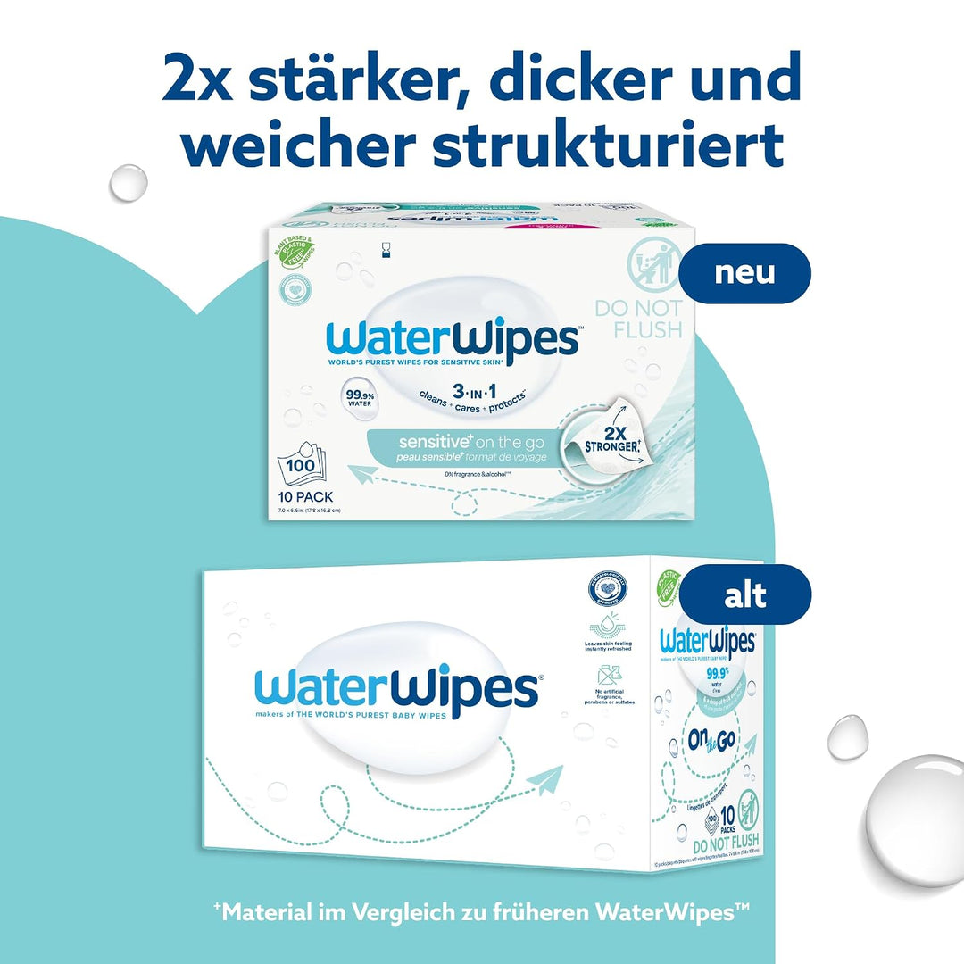 WaterWipes Sensitive+ On The Go Wipes, Unterwegs-Tücher, 100 Stück (10 Packungen), 3-in-1 reinigt, p