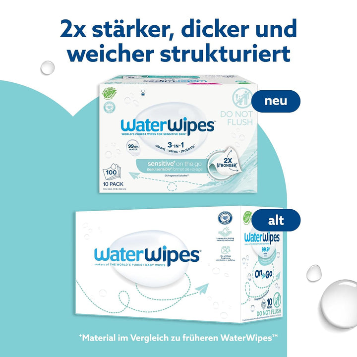 WaterWipes Sensitive+ On The Go Wipes, Unterwegs-Tücher, 100 Stück (10 Packungen), 3-in-1 reinigt, p