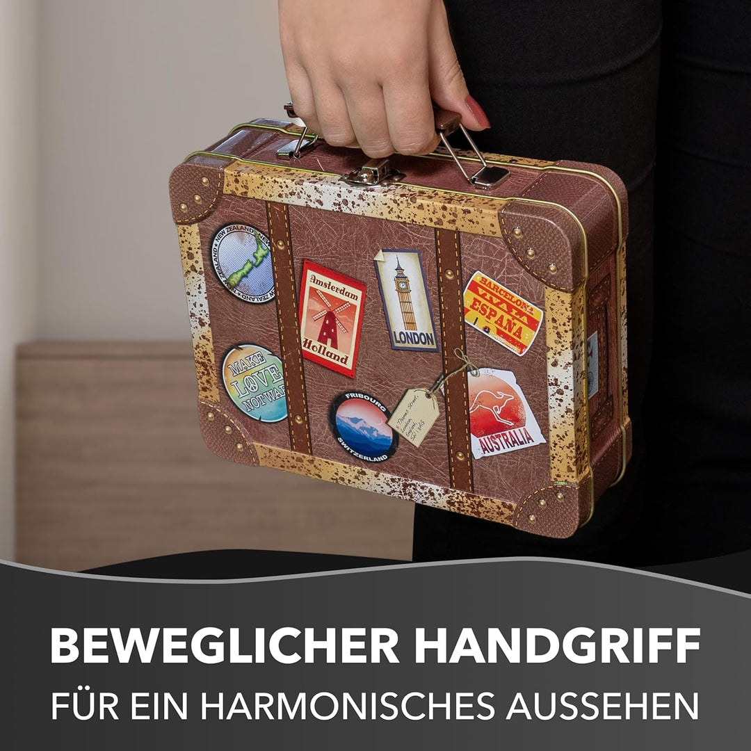 Reisekoffer Vintage - Retro Aufbewahrungsdose, Keksdose, Blechdose mit bunten Aufklebern von verschi