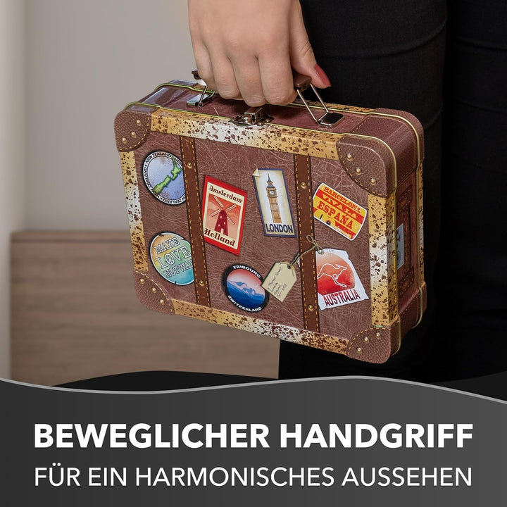Reisekoffer Vintage - Retro Aufbewahrungsdose, Keksdose, Blechdose mit bunten Aufklebern von verschi
