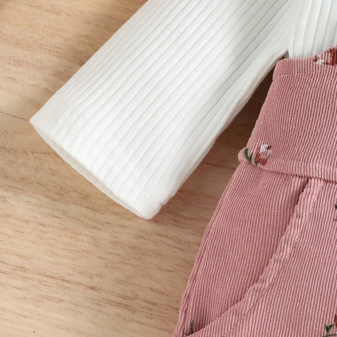 Baby Mädchen Kleidung Rippstrick Langärmelig Oberteile Blumenmuster Hosenträgerhose mit Tasche Outfi