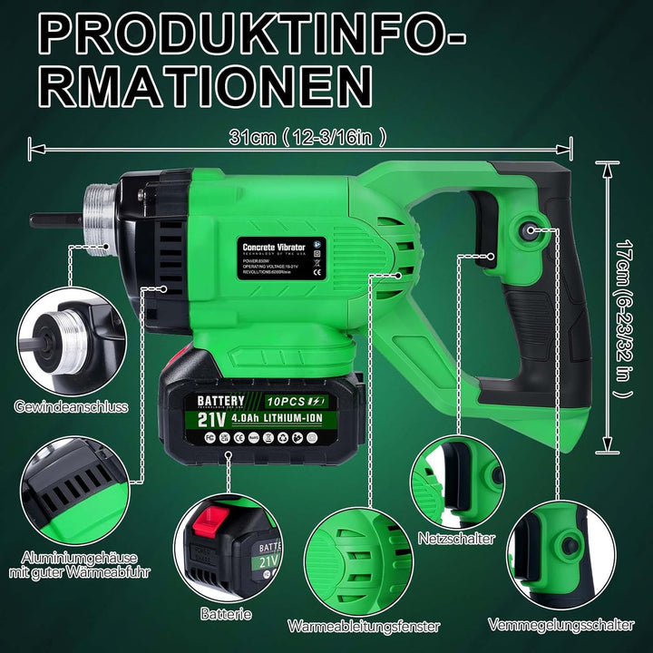 Akku Betonrüttler mit 4,0Ah-Akku, Bürstenlos Betonverdichter mit 1,5 m Schlauch, 35mm Rüttelflasche