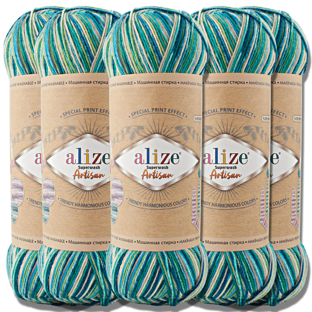 Alize 5x 100g Superwash Artisan Türkische Premium Sockenwolle Wolle 75% SW Wool - 25% Polyamide Hand