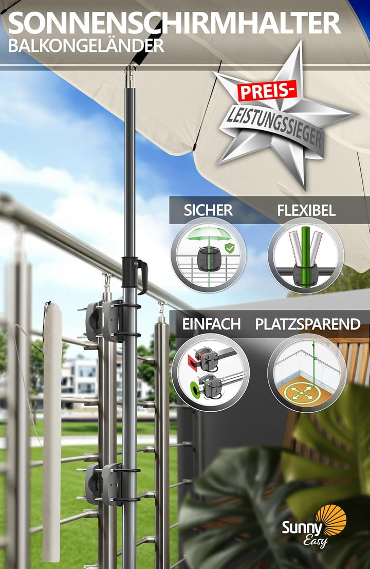 4smile Sonnenschirm Balkon SunnyJoy im 4er-Set - UPF 50+ Balkon Schirm + 2 x Sonnenschirmhalter Balk