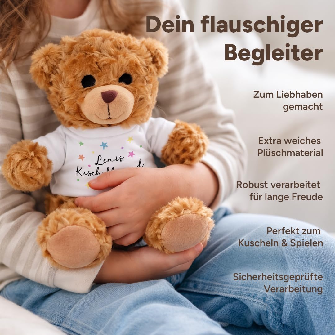 Kuscheltier Teddybär personalisiert – Flauschiges Plüschtier mit weissem T-Shirt zum Bedrucken – Wei