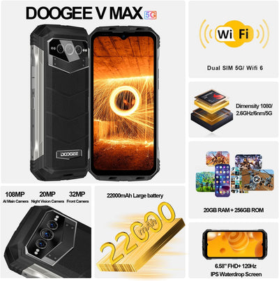 DOOGEE VMAX 5G Outdoor Handy ohne Vertrag, 20GB+256GB Dimensity 1080, 22000mAh Grosser Akku, 108MP K