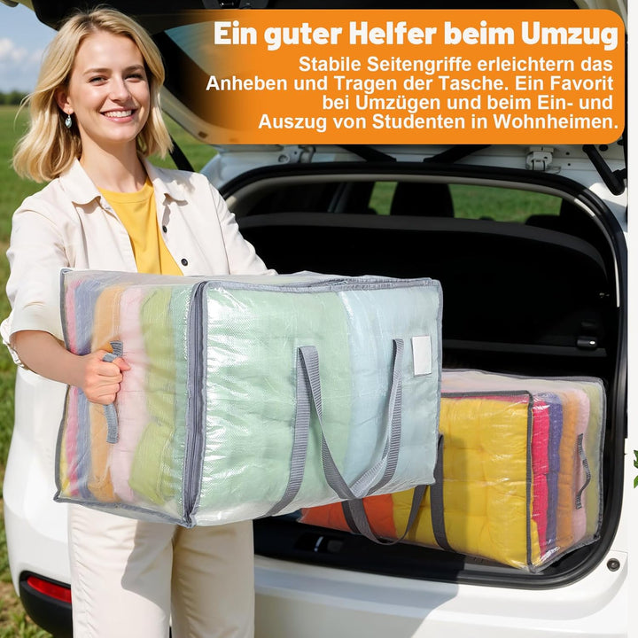 6 Stück 105L Grosse Aufbewahrungstasche mit Deckel, Faltbare Transparente Umzugskartons Gross mit Re
