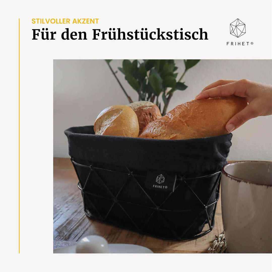 FRIHET 2-in-1 Brotkorb & Obstschale - Metall - waschbare Einlage aus 100% Baumwolle - oval - schwarz