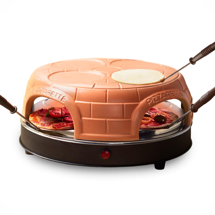 Emerio Pizzaofen, PIZZARETTE das Original, handgemachte Terracotta Tonhaube, neues PRE-BAKE Design,