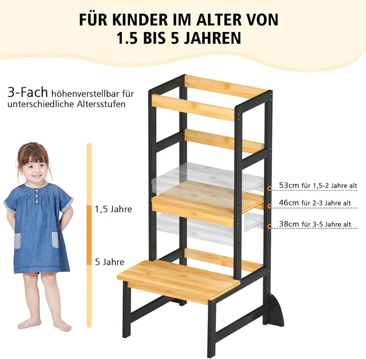 Lernturm für Kinder, Stylisch Kippschutz Montessori Höhenverstellbar Learning Tower aus 100% Natürli