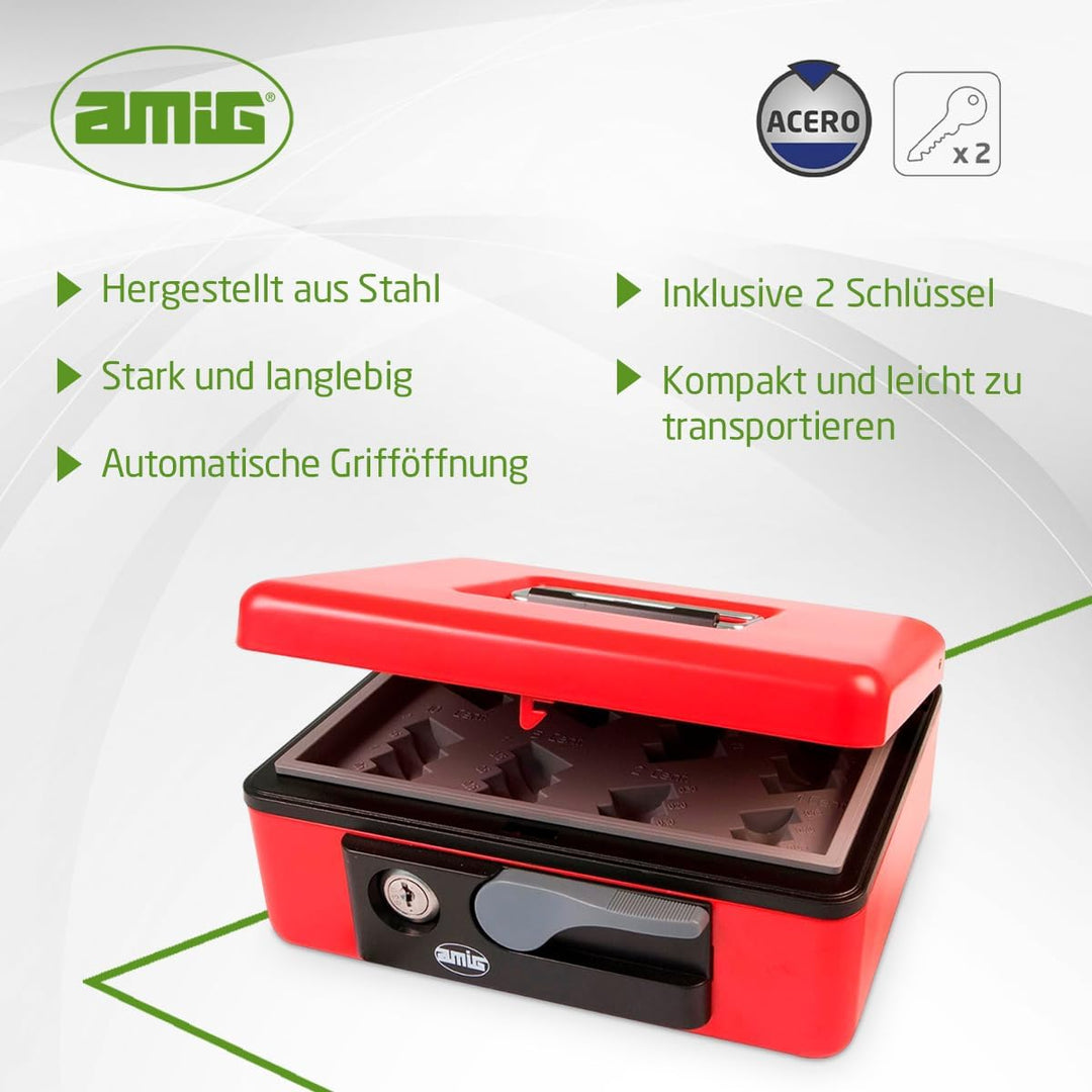 Amig - Sicherheits Geldkassette aus Stahl | Mit Münzschale und Schlüssel | Automatischer Griff | Kom