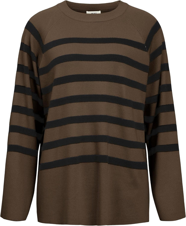 Object Damen Objester Ls Knit Top Noos Pullover, Dark Earth/Stripes:black