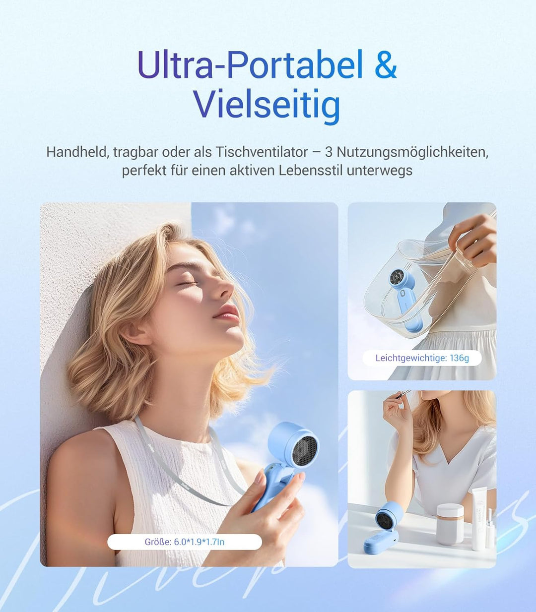 Diveblues 3-in-1 Handventilator Turbo Ventilator mit 4000mAh USB-Akku Aufladbar, 5 Stufen, Faltbar T