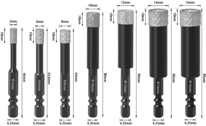 Diamantbohrer Set, Fliesenbohrer Set 7-tlg(5, 6, 8, 10,12,14,16mm), Sechskant-Schaft, Diamant Bohrer