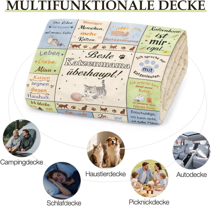 Mama Geschenk Kuscheldecke 150×130CM Flanelldecke Schlafdecke für Mama Katzenmam Oma Muttertagsgesch