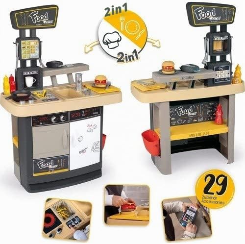 Smoby - Food Corner - 2-in-1 Spielküche und Kinderrestaurant, kompakt und rundum bespielbar, mit 29