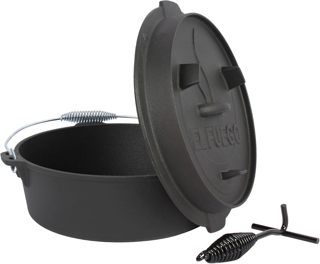 Dutch Oven 7,3 Liter von El Fuego®, 100% Gusseisen, inkl. Schürhaken und Tragebügel, Camping & Outdo