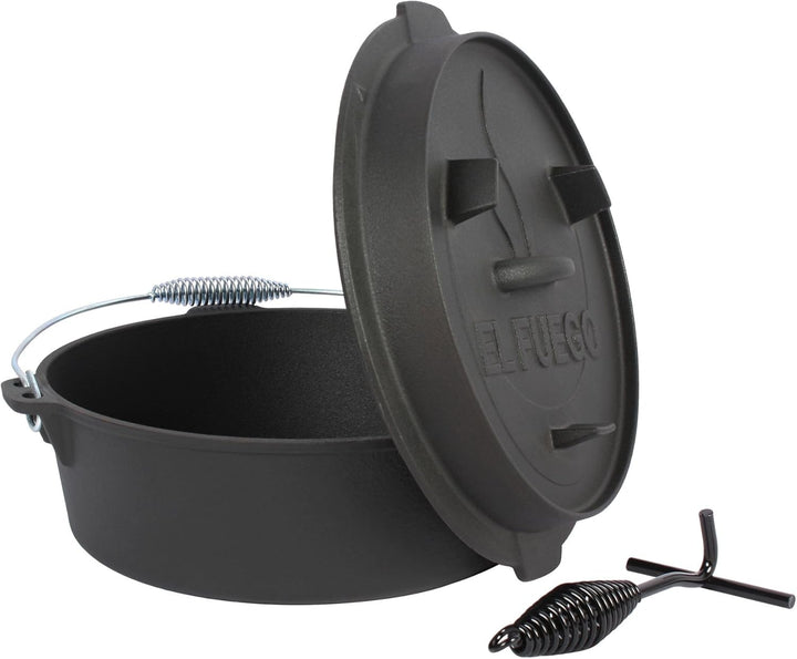 Dutch Oven 7,3 Liter von El Fuego®, 100% Gusseisen, inkl. Schürhaken und Tragebügel, Camping & Outdo