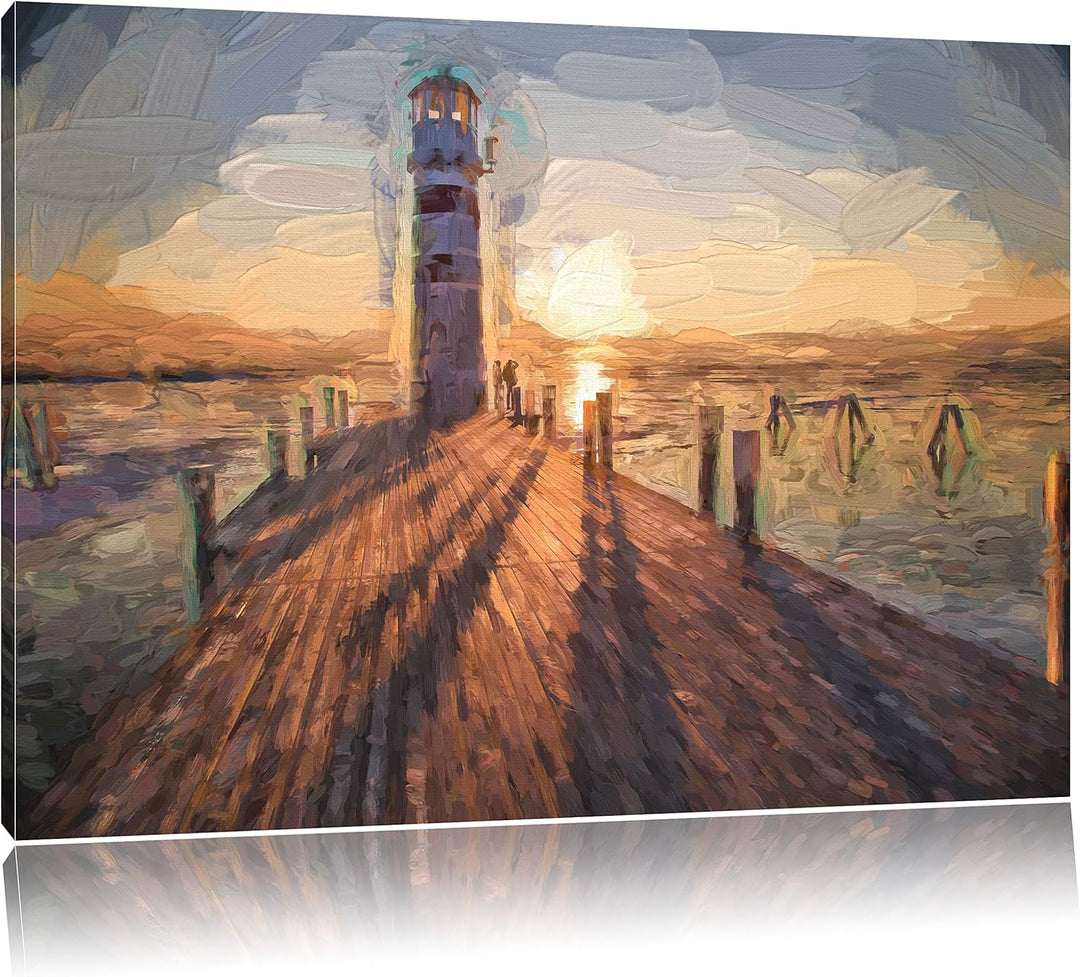 Pixxprint Leuchtturm am Steg als Leinwandbild/Grösse: 100x70 cm/Wandbild/Kunstdruck/fertig bespannt,
