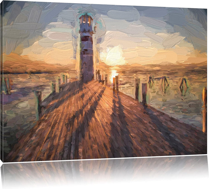 Pixxprint Leuchtturm am Steg als Leinwandbild/Grösse: 100x70 cm/Wandbild/Kunstdruck/fertig bespannt,