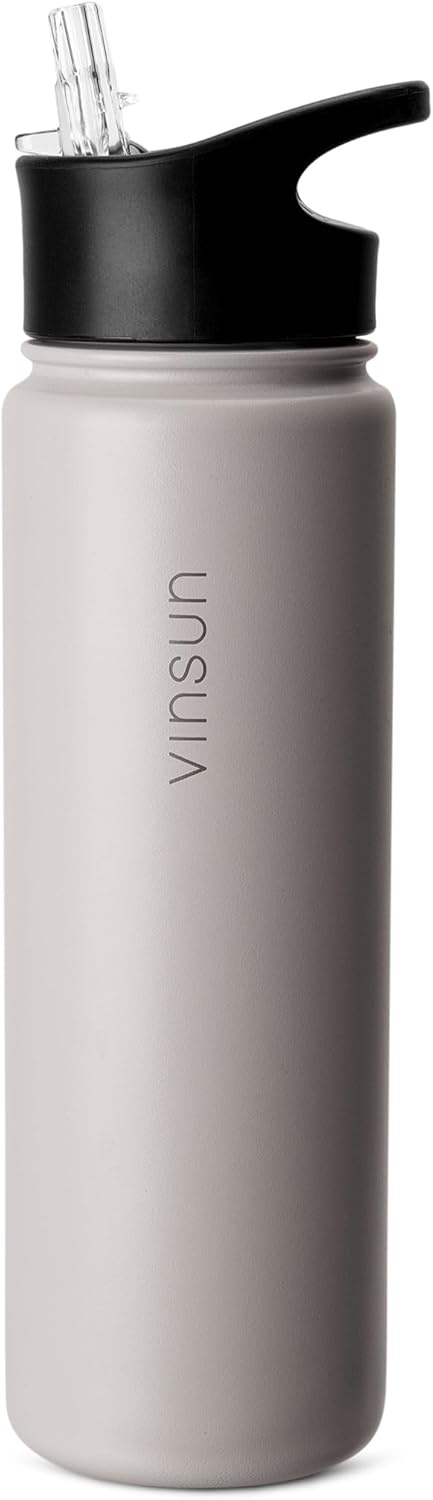 Vinsun Edelstahl Trinkflasche 750ml - Strohhalm, Trinköffnung, Drehverschluss - auslaufsicher, Kohle