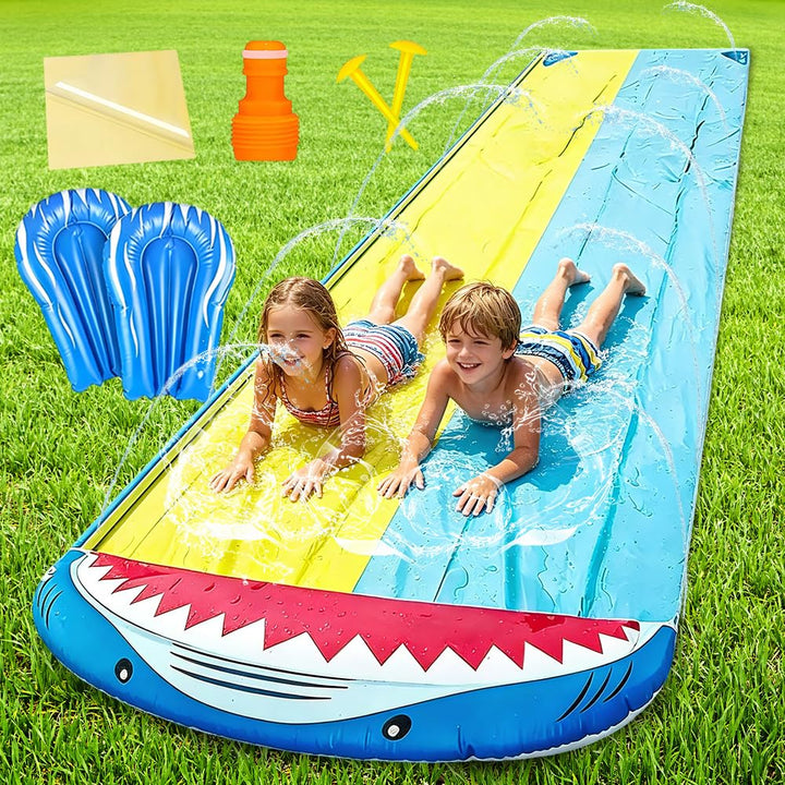 Wasserrutsche Garten, 15.8ft/480cm Doppelrutsche mit Eingebautem Sprinkler, Sommer-Rutsch-Wasserruts