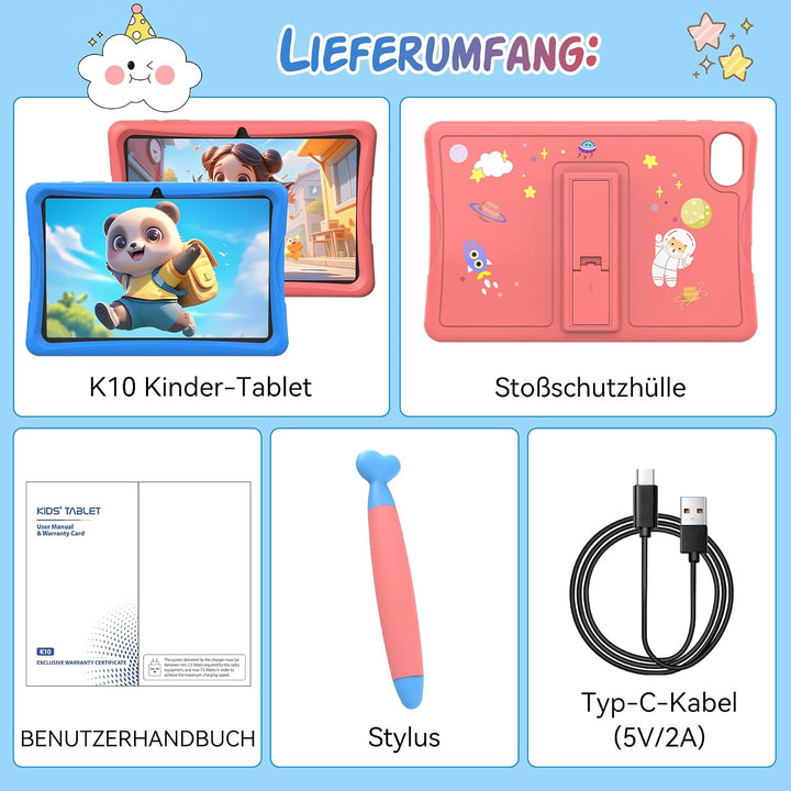 TABWEE K10 Kinder Tablet 10 Zoll, 12 GB RAM + 64 GB ROM (TF 2 TB) | Kids Tablet mit Elternkontrolle,