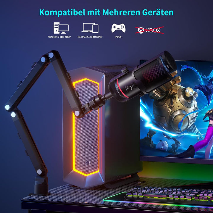 K KASONIC RGB Mikrofon für Gaming mit Boom Arm, Home Studio Kondensatormikrofon für PC, 24bit 192kHz