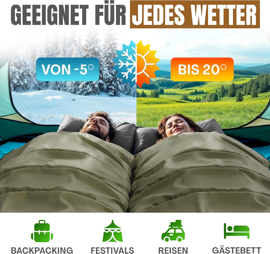 Schlafsack mit integrierbarer Isomatte &amp; Fusspumpe – Outdoor Set für Festival, Trekking und 3-Jahres
