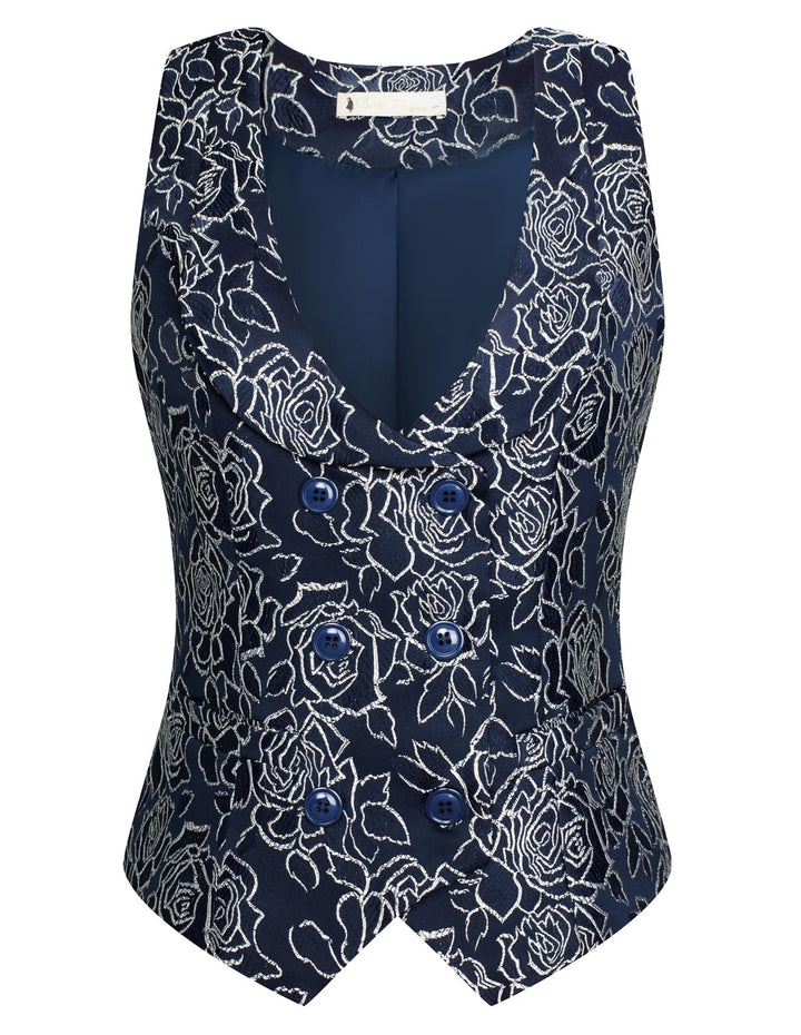 Belle Poque Damen Weste mit Gebogenes Revers V-Ausschnitt Karierte Weste mit Zwei Taschen Geometrisc
