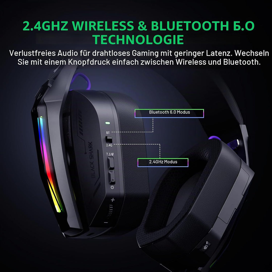 Black Shark Wireless Gaming Headset, Bluetooth 6.0 Gaming Kopfhörer Kabellos mit USB- und Typ-C-Ansc