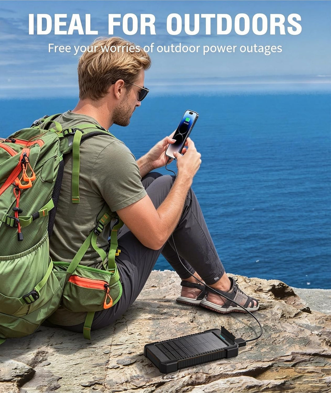 Solar Powerbank 26800 mAh mit Saugnapfhalterung, Powerbank Externe Akkus 3 USB Anschlüsse mit Tasche