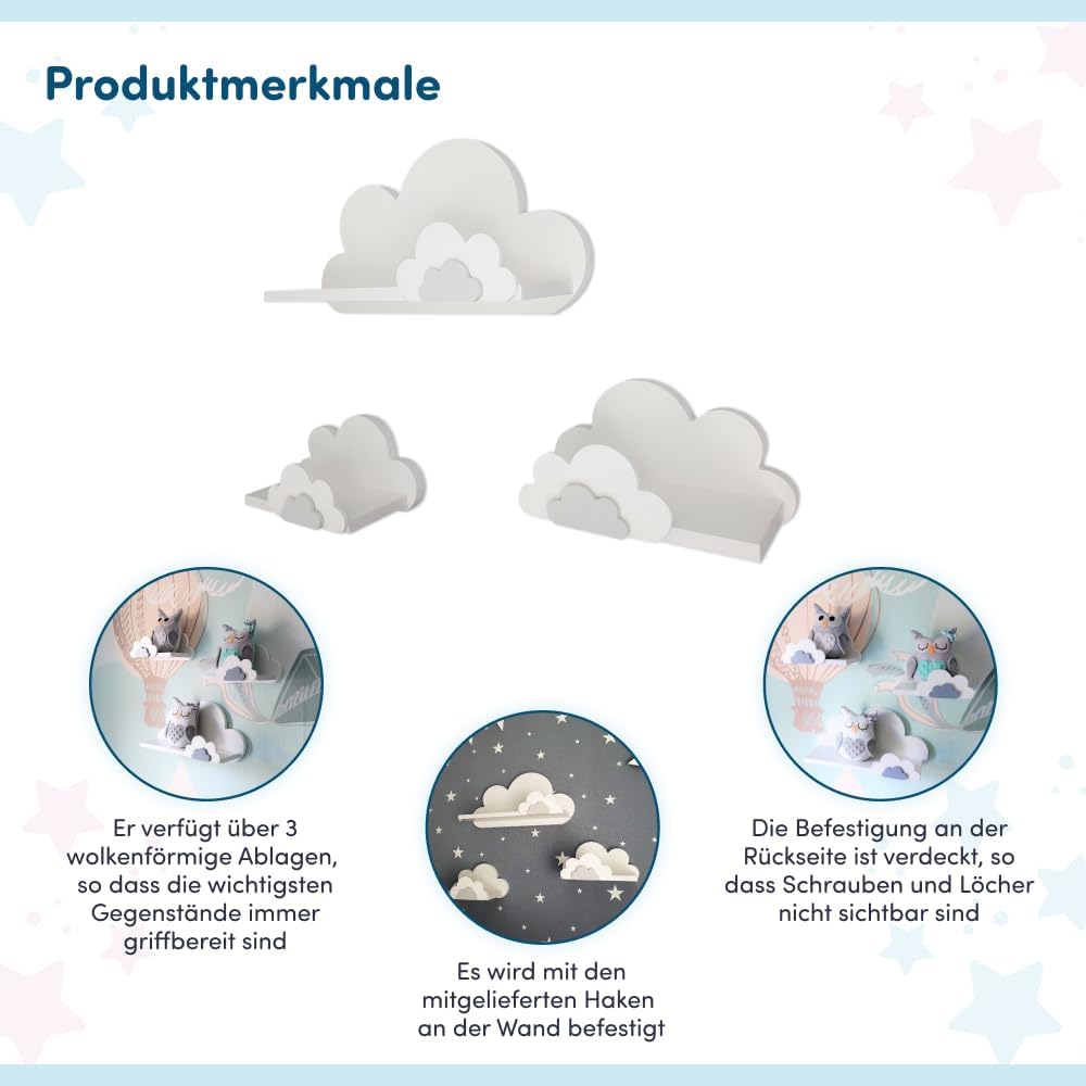 3er Set Wandregal Kinderzimmer Weiss | Babyzimmer Wolkenregal für Bücher, Spielzeug, Dekoration | Re