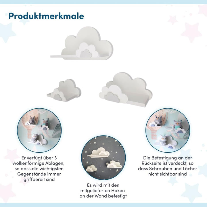 3er Set Wandregal Kinderzimmer Weiss | Babyzimmer Wolkenregal für Bücher, Spielzeug, Dekoration | Re