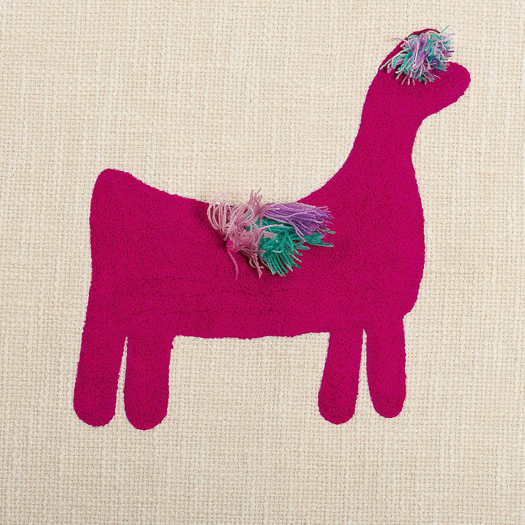 Deko Decke Baumwolle beige/rosa mit Lama-Motiv Quasten 130x180 cm Nandyal